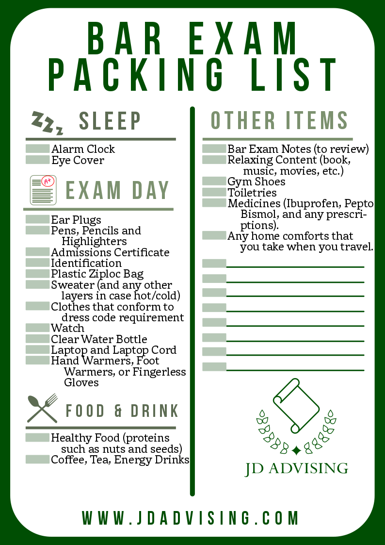 A Printable Bar Exam Packing List with Bar Exam Packing Tips! JD