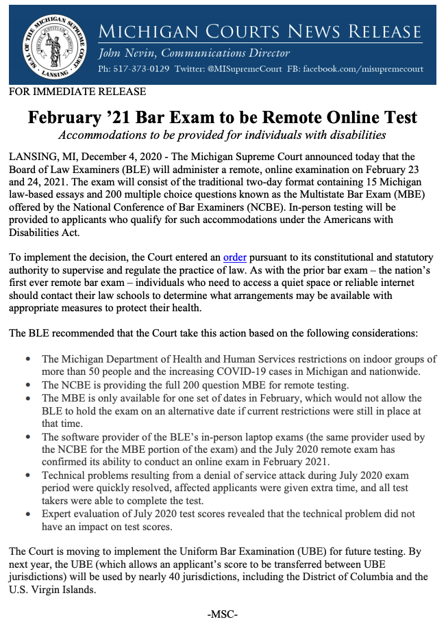 michigan board of law examiners, michigan bar exam UBE