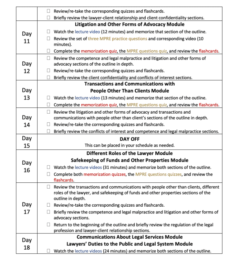 Sample MPRE Study Schedules 1 Week, 2 Weeks and More! JD Advising